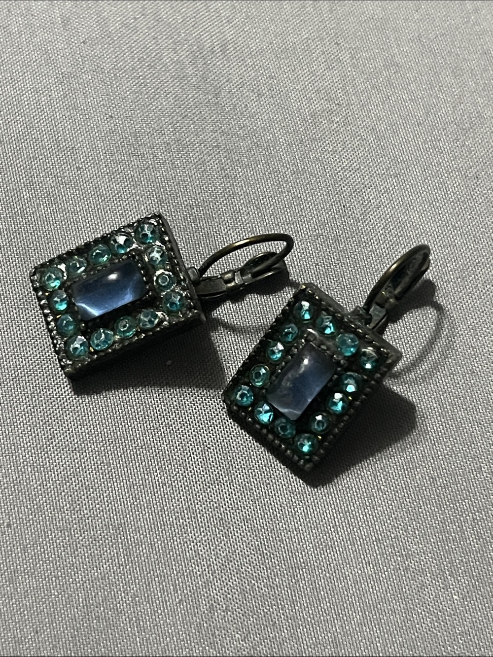 Source Unknown Teal and Blue Square Drop art deco lever back earrings